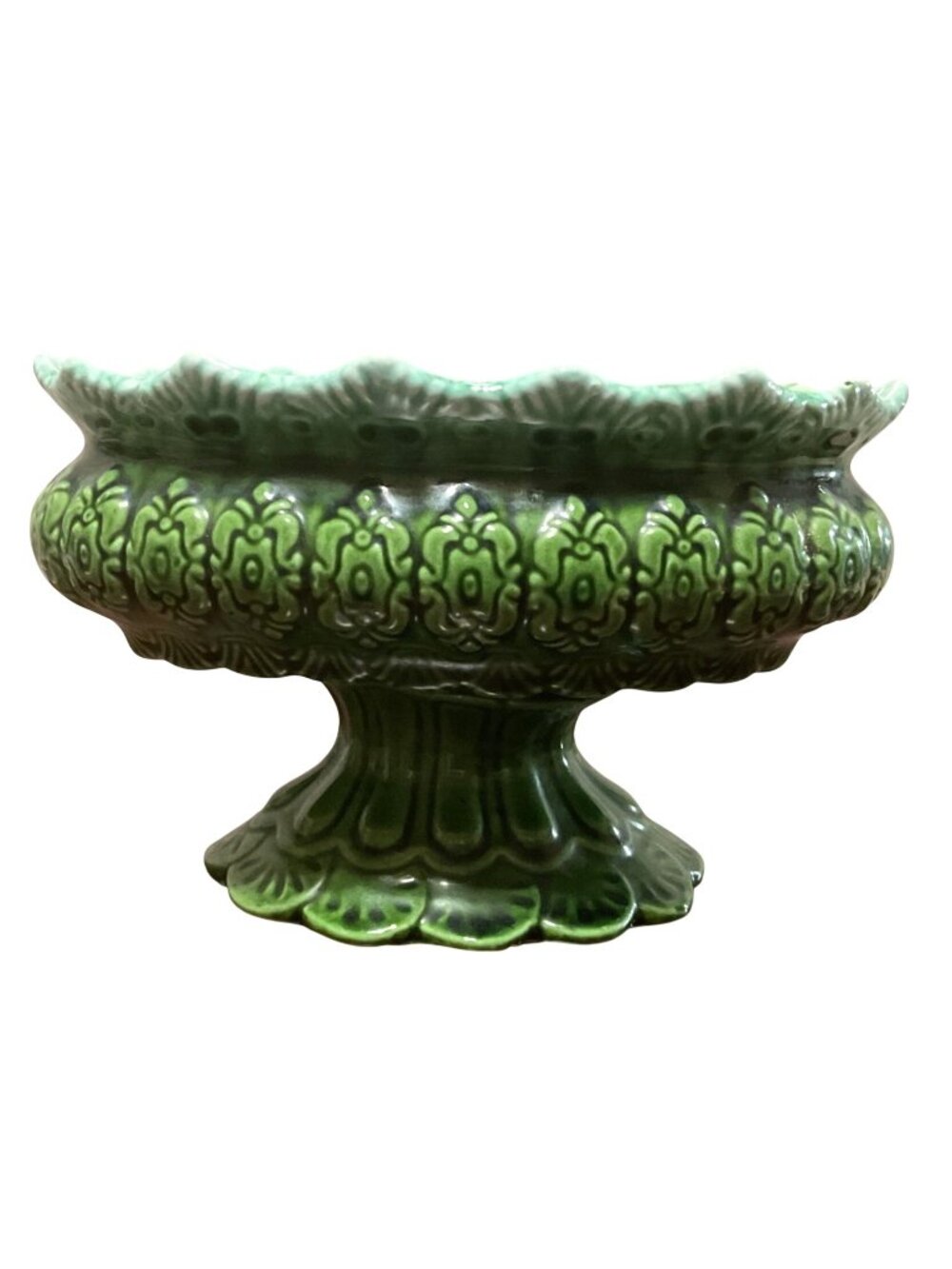 Vtg Green Ceramic Pedestal Bowl Ornate Embossed Design Scalloped Rim Glossy Fini